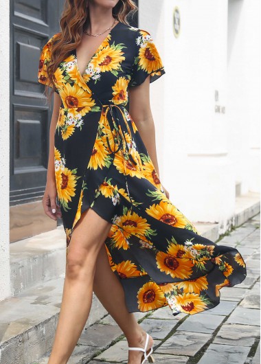 Floral Print Surplice Black V Neck Dress