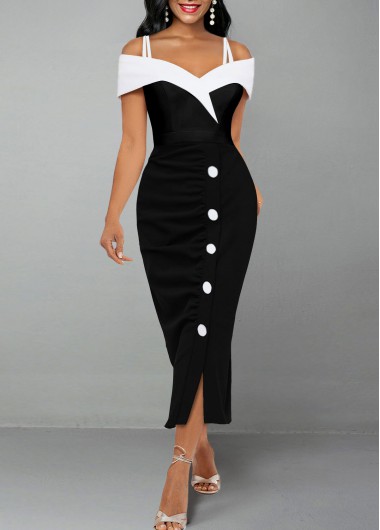 Split Off Shoulder Short Sleeve Black Bodycon Dress