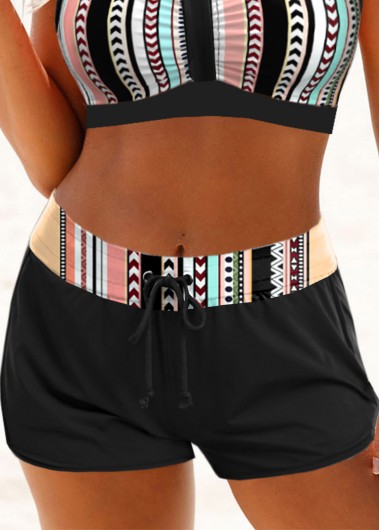 High Waisted Black Striped Swim Shorts