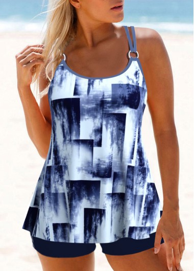 Geometric Print Metal Ring Navy Tankini Top