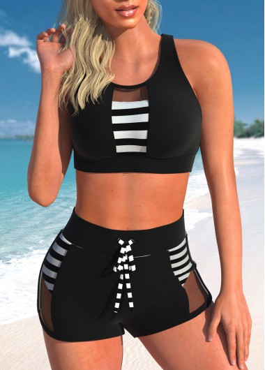 Striped Cutout Mesh Black Bikini Top