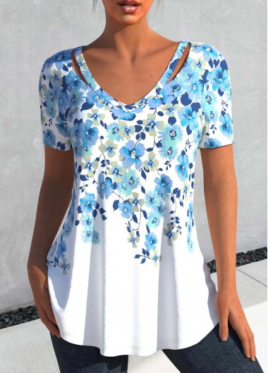 Floral Print Cut Out Light Blue T Shirt