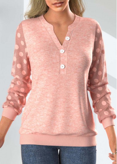Long Sleeve Button Pink Split Neck Sweatshirt