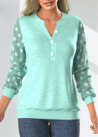 ROTITA Patchwork Mint Green Split Neck Long Sleeve Sweatshirt