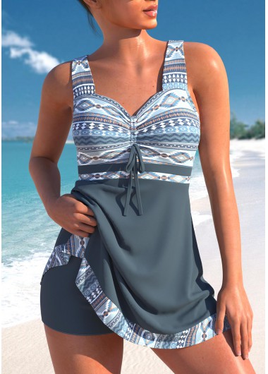 Tribal Print Criss Cross Dusty Blue Swimdress Top