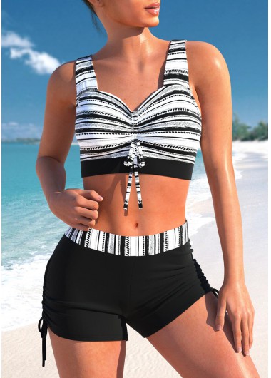 Striped Drawstring Black Double Straps Bikini Top
