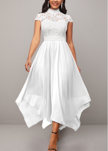 Lace Stand Collar Short Sleeve White Dress