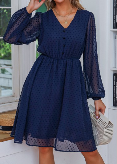 Button V Neck Navy Long Sleeve Dress
