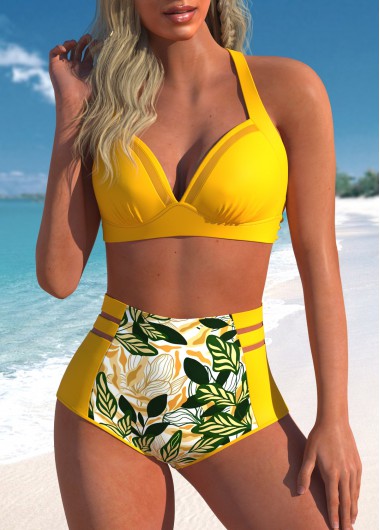 ROTITA Mesh Yellow Leaf Print Bikini Top