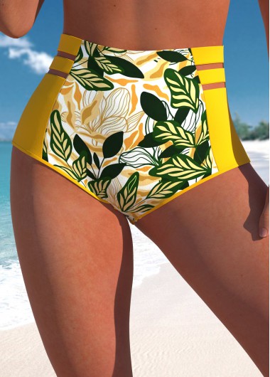 ROTITA Yellow Leaf Print High Waisted Bikini Bottom