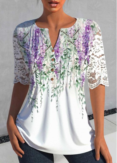 Floral Print Lace White Split Neck Blouse