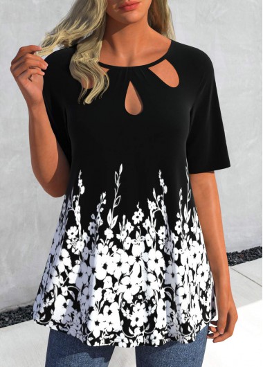 Floral Print Cage Neck Black T Shirt