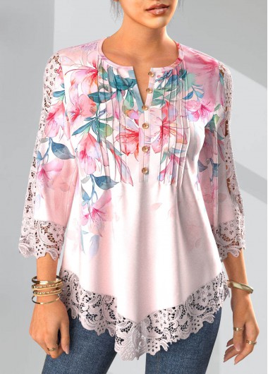 Floral Print Tuck Stitch Light Pink Blouse