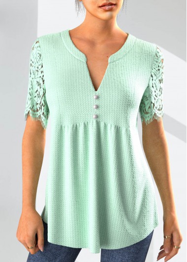 Mint Green Split Neck Short Sleeve Lace Blouse