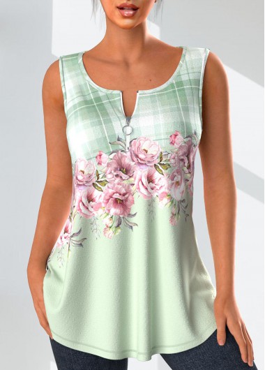 Floral Print Zipper Light Green Tank Top
