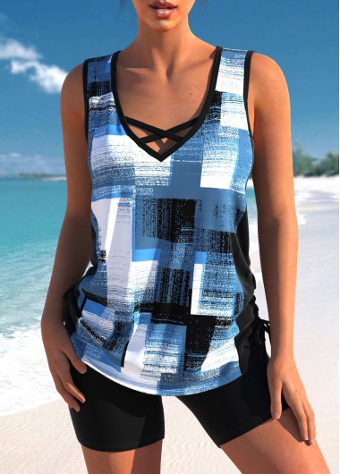 Geometric Print Criss Cross Denim Blue Tankini Top