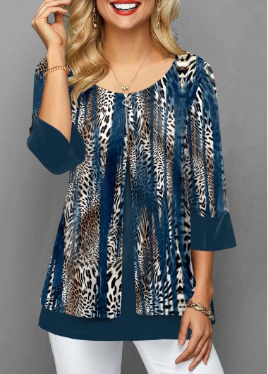 ROTITA Fake 2in1 Leopard Blue Round Neck Blouse