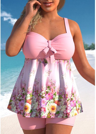 Light Pink Plus Size Floral Print Tankini Top