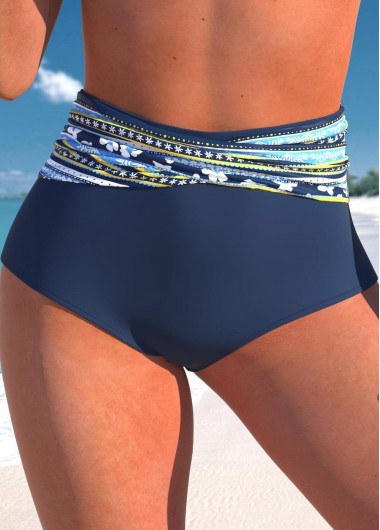 ROTITA Navy Floral Print High Waisted Bikini Bottom