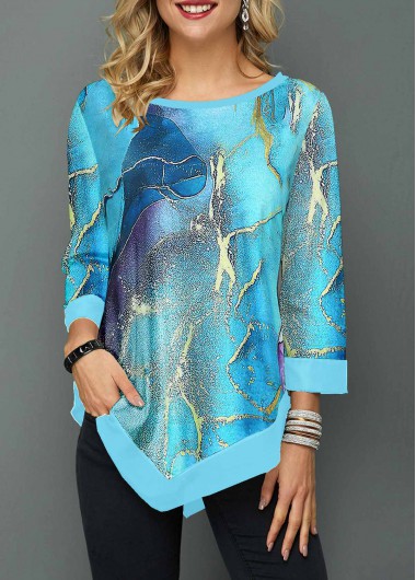 Ombre Patchwork Cyan Round Neck T Shirt