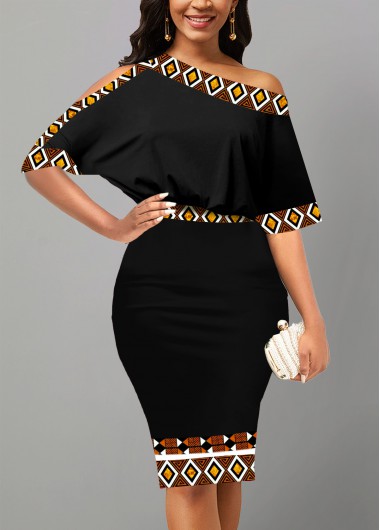 Tribal Print Asymmetry Black Boat Neck Bodycon Dress
