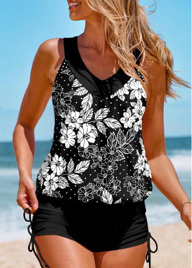 Floral Print Patchwork Black Tankini Top