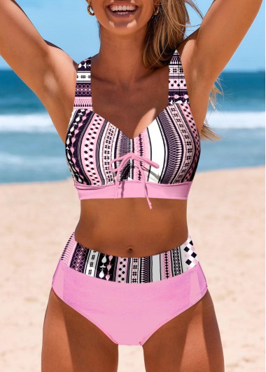 ROTITA Drawstring Pink Tribal Print Bikini Top
