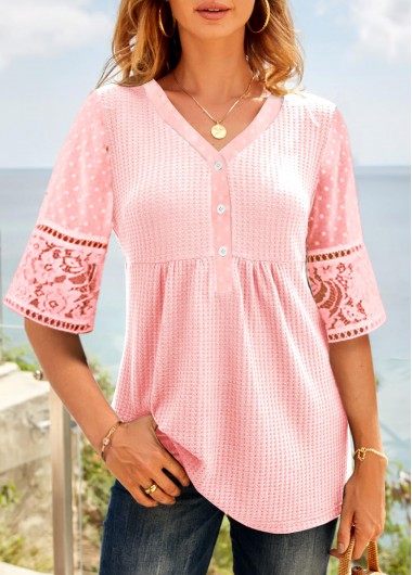 ROTITA Lace Pink V Neck Half Sleeve Blouse
