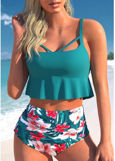 Ruffle Turquoise Lace Up Bikini Top