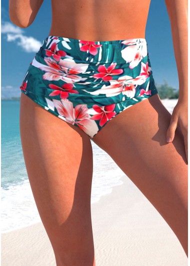 Turquoise High Waisted Floral Print Bikini Bottom
