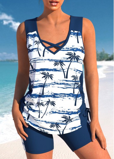 Tropical Plants Print Criss Cross Navy Tankini Top