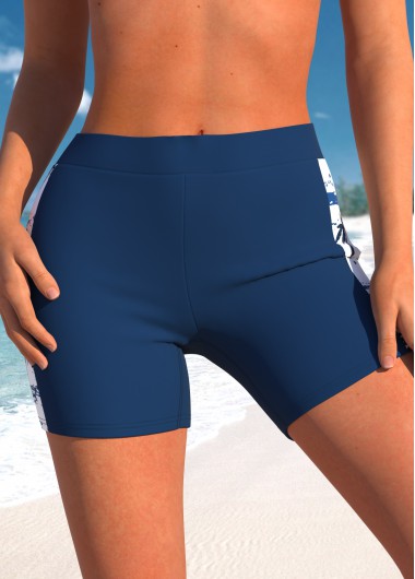 Tropical Plants Print High Waisted Navy Swim Shorts