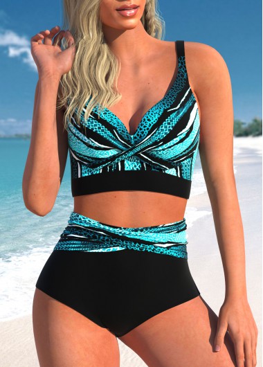 Striped Criss Cross Cyan Bikini Top