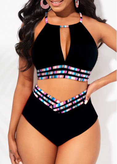 Striped Contrast Binding Black Bikini Top