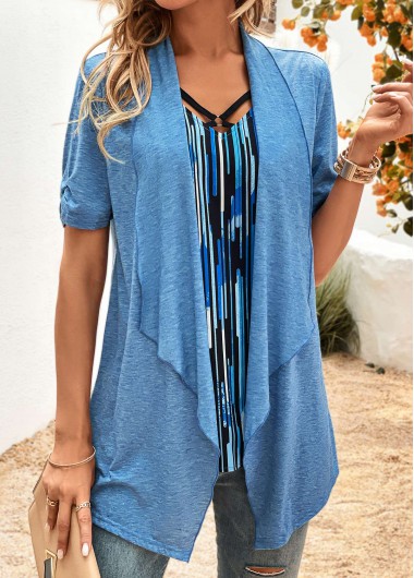 Geometric Print Fake 2in1 Blue V Neck Blouse
