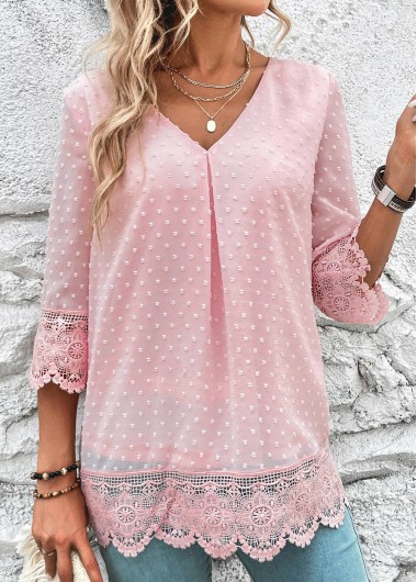 ROTITA Lace Light Pink V Neck Blouse