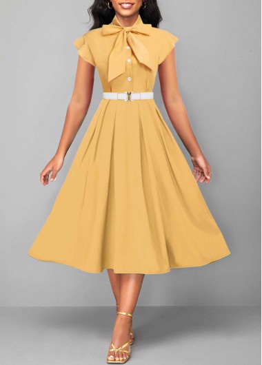 ROTITA Button Light Yellow Tie Collar Short Sleeve Dress