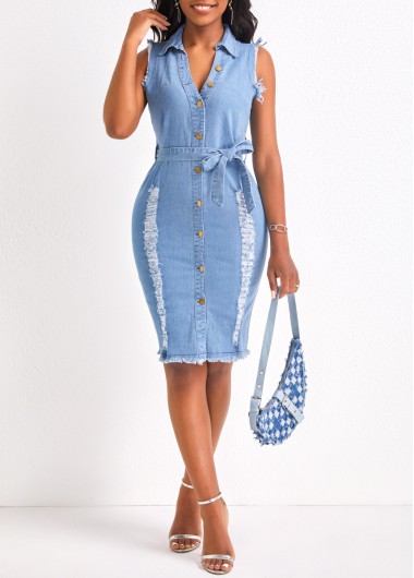 Hole Belted Denim Blue Shirt Collar Bodycon Dress
