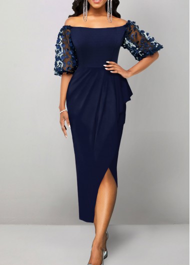 Split Off Shoulder Navy Half Sleeve Bodycon Dress