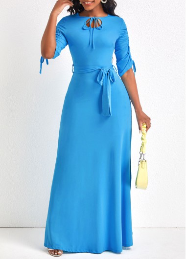 Drawstring Belted Light Blue Maxi Dress