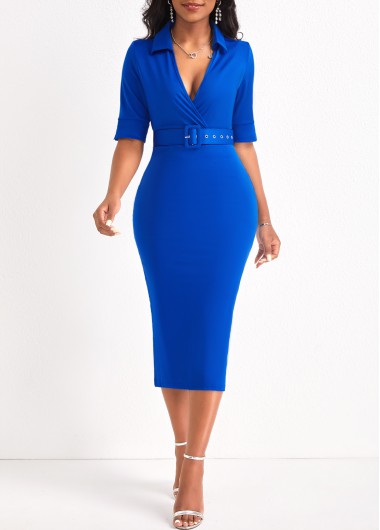 Surplice Belted Royal Blue V Neck Dress