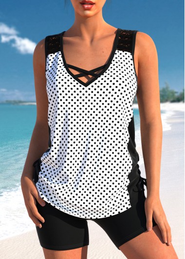 ROTITA Criss Cross White Polka Dot Tankini Top