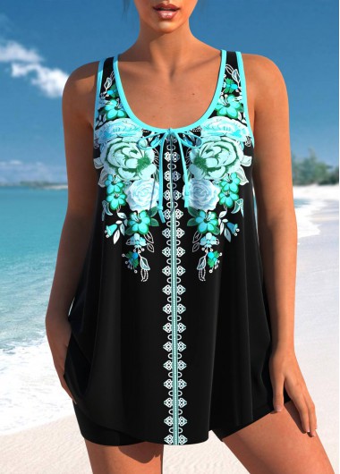 Floral Print Bowknot Cyan Tankini Top