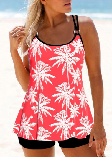 ROTITA Metal Ring Coral Red Leaf Print Tankini Top