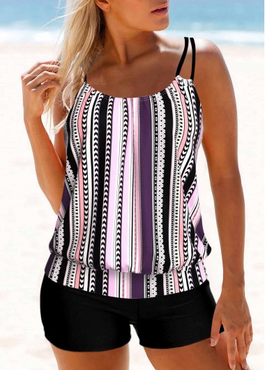 Multi Stripe Print Light Pink Double Straps Tankini Top