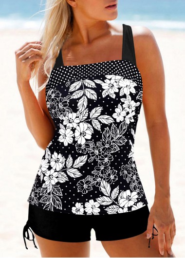 Floral Print Wrap Black Tankini Top