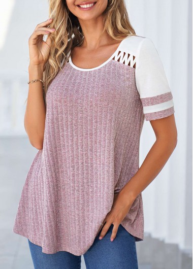 ROTITA Cut Out Purple Round Neck T Shirt