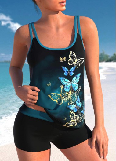 Butterfly Print Peacock Blue Ombre Tankini Top