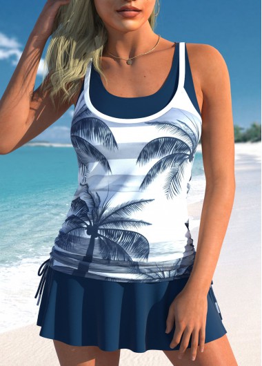 Tropical Plants Print Fake 2in1 Navy Tankini Top