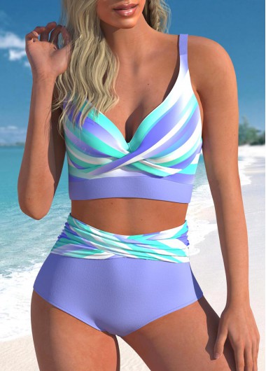 Striped Criss Cross Light Purple Bikini Top